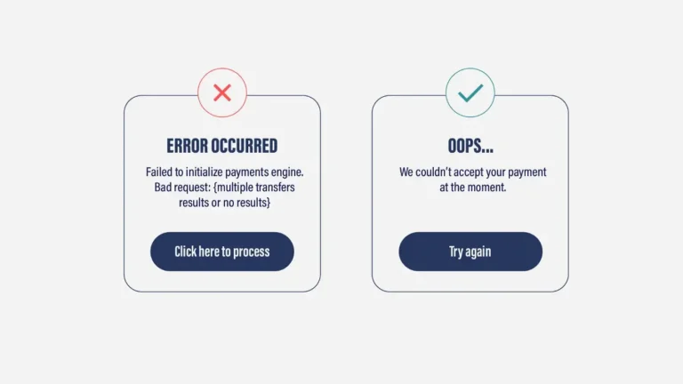 Esempio positivo e negativo di ux writing in una pagina d'errore