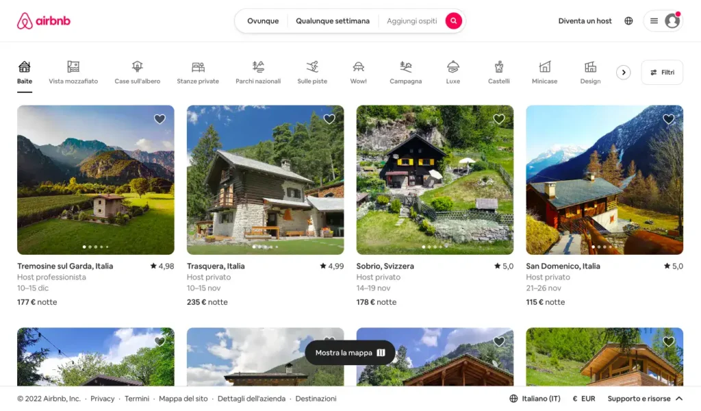 Sito web del portale online AirBnb